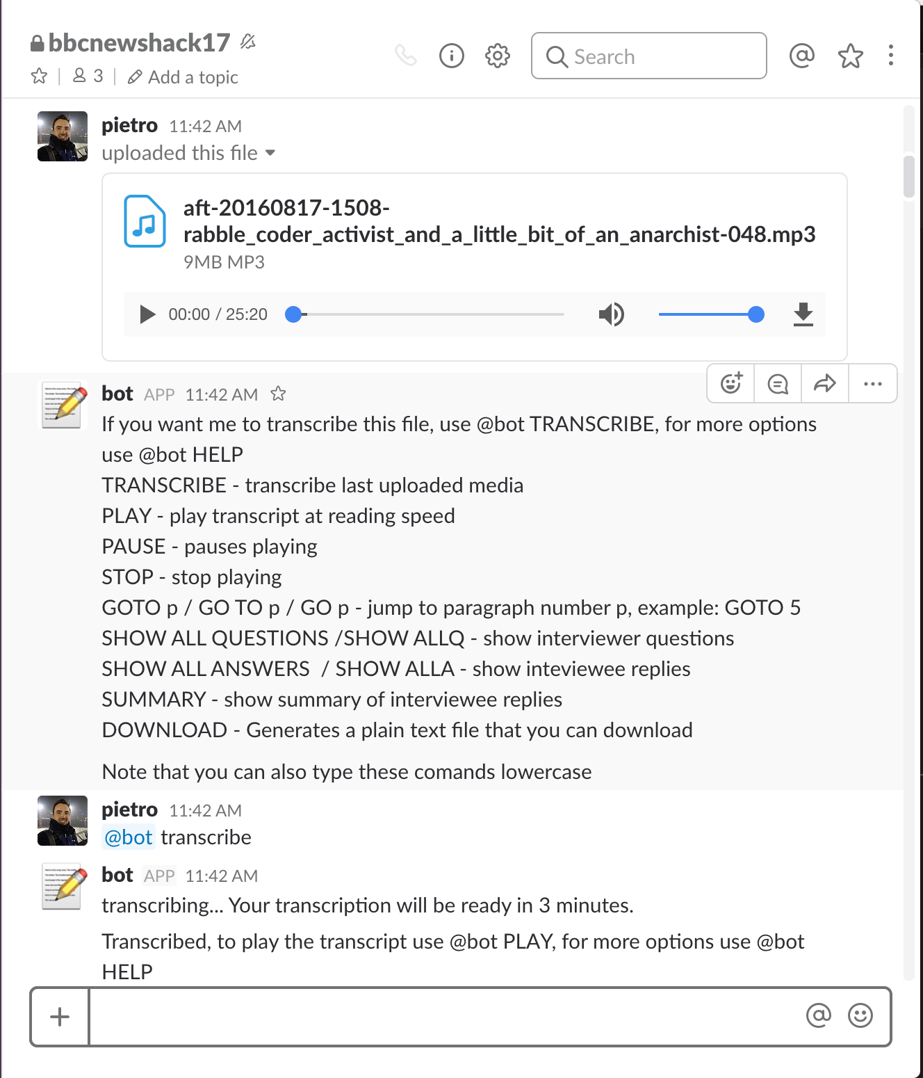 Proof of concept demo of chatbot conversational interface for transcription service.