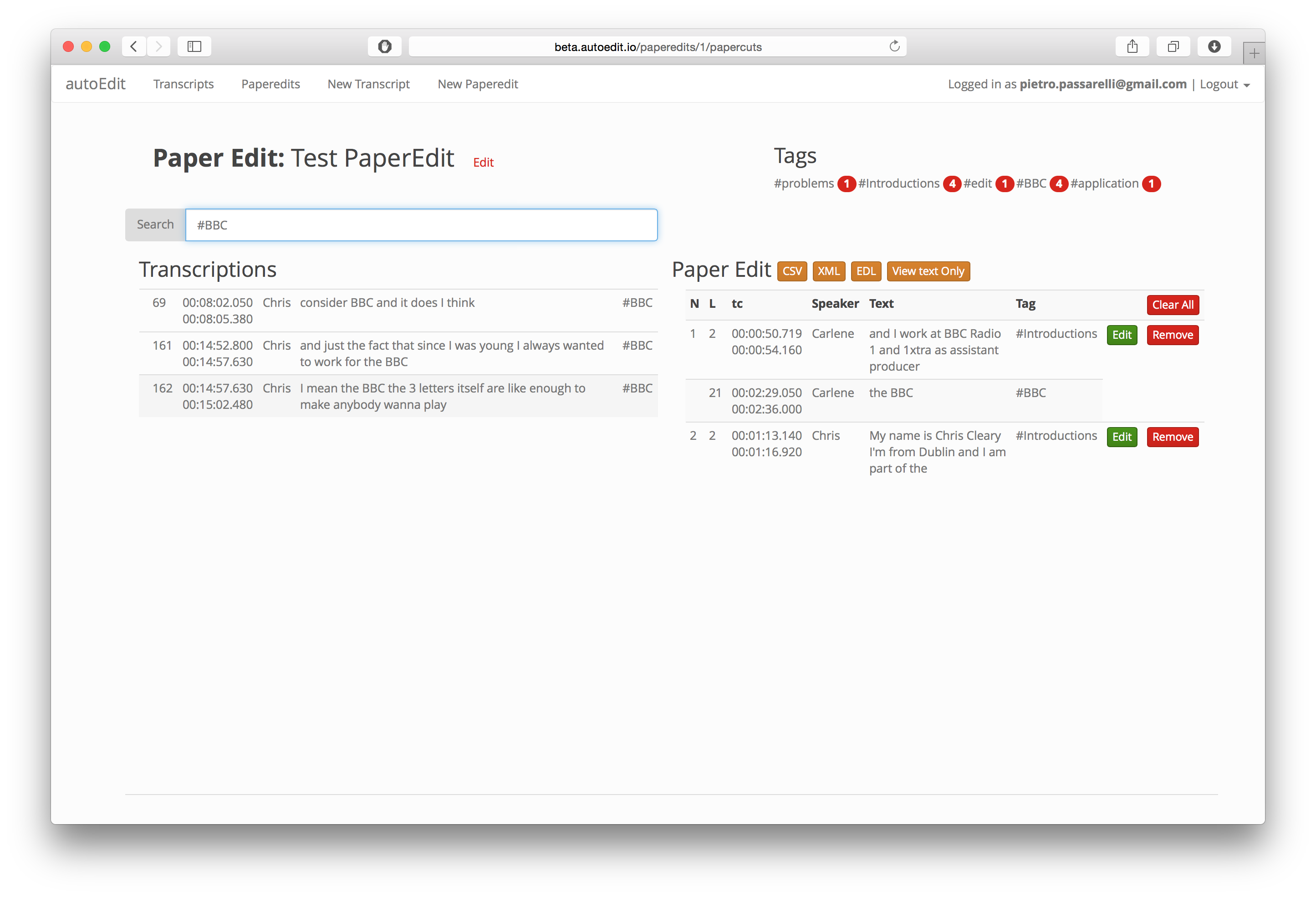 V1 of autoEdit, an app for fast text based editing of video interviews